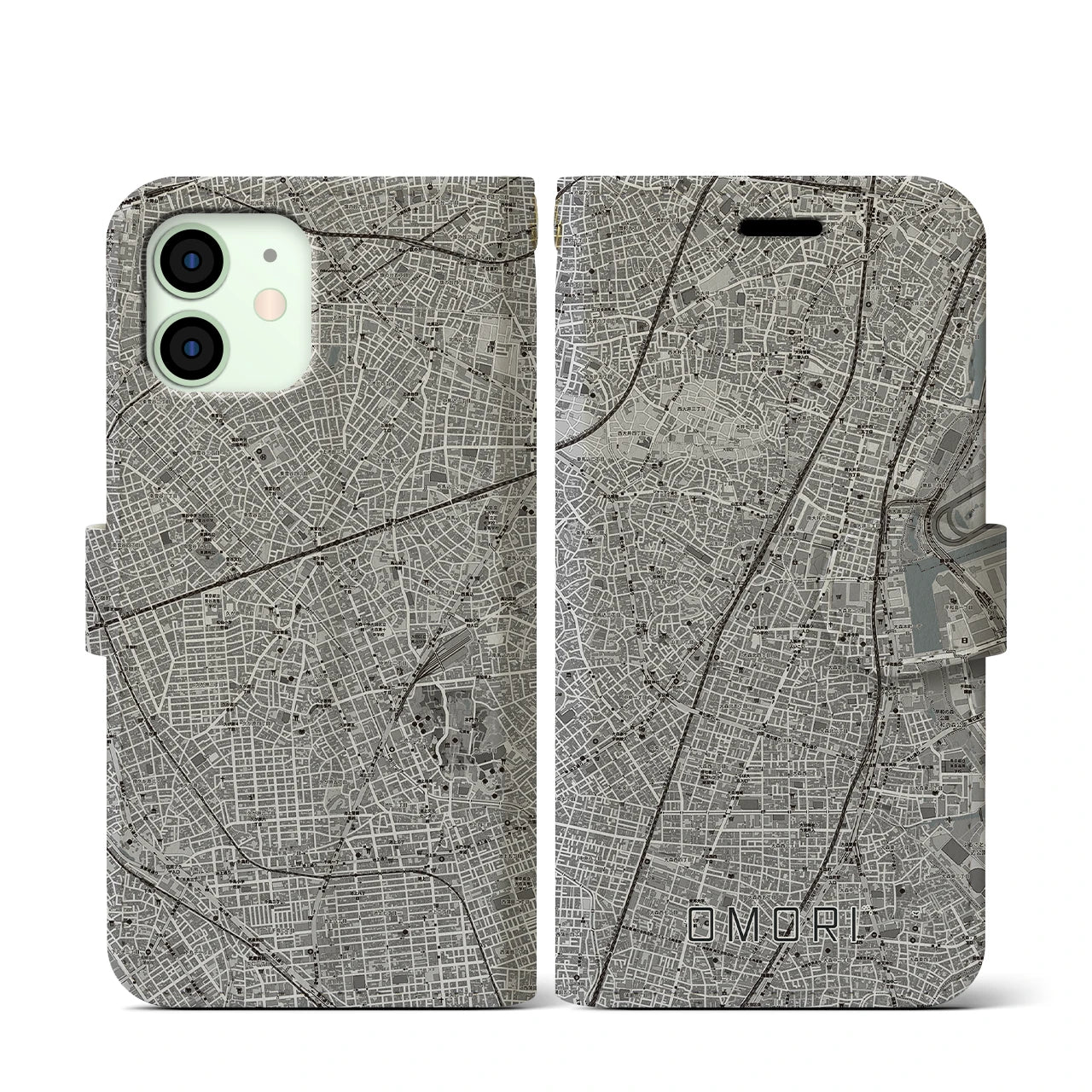 【大森(東京都)】地図柄iPhoneケース(手帳タイプ)モノトーン・iPhone 12 mini 用