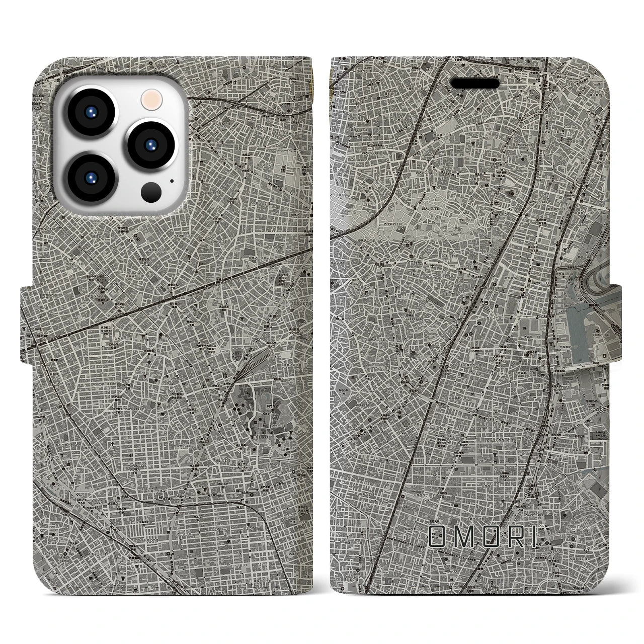 【大森(東京都)】地図柄iPhoneケース(手帳タイプ)モノトーン・iPhone 13 Pro 用