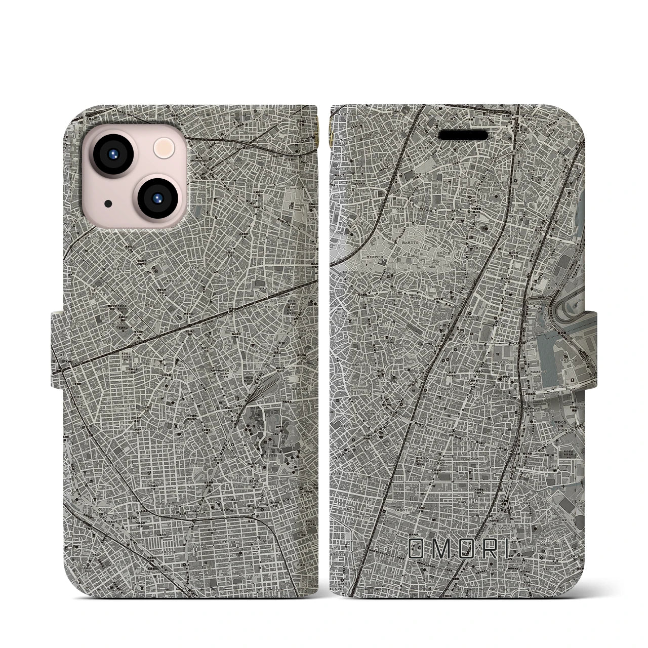 【大森(東京都)】地図柄iPhoneケース(手帳タイプ)モノトーン・iPhone 13 mini 用