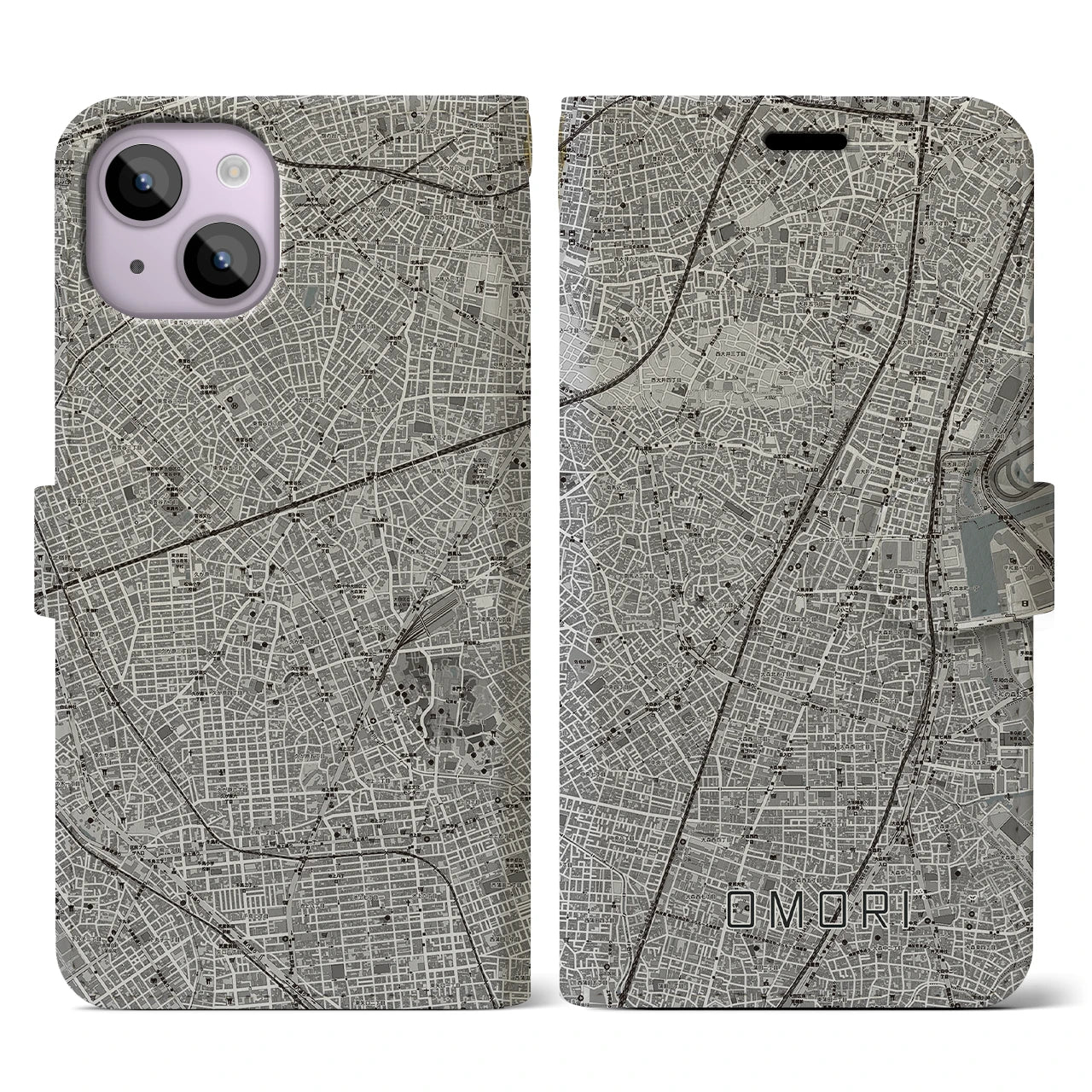 【大森(東京都)】地図柄iPhoneケース(手帳タイプ)モノトーン・iPhone 14 用