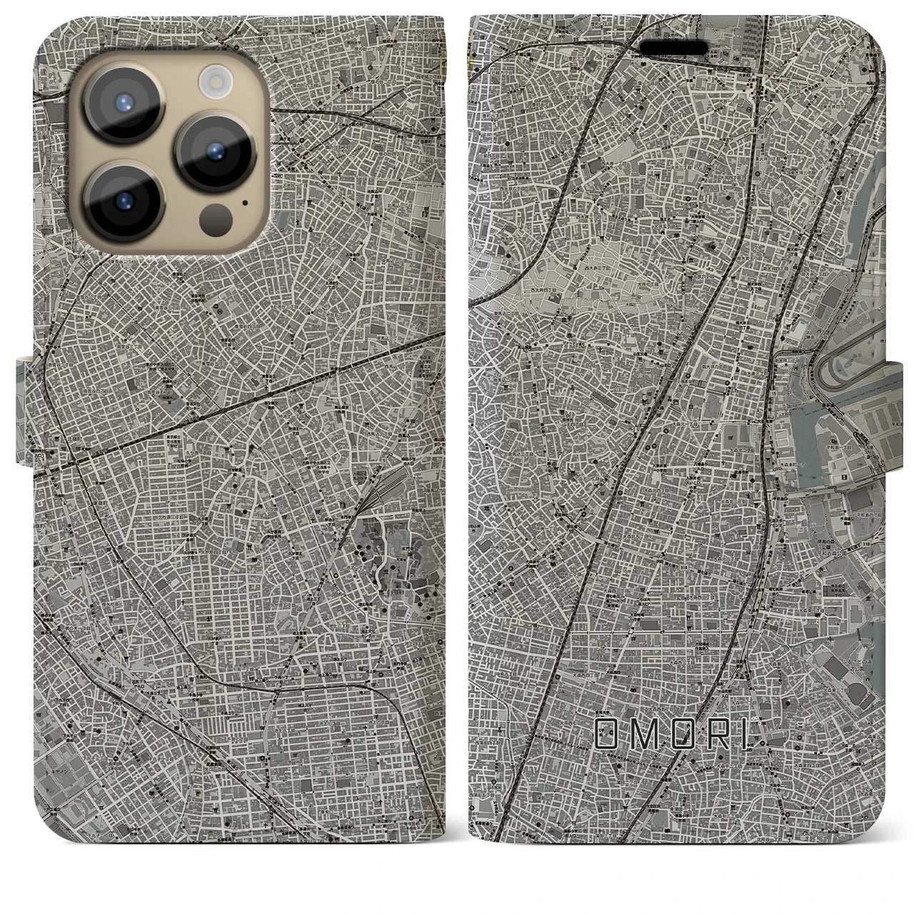 【大森(東京都)】地図柄iPhoneケース(手帳タイプ)モノトーン・iPhone 14 Pro Max 用