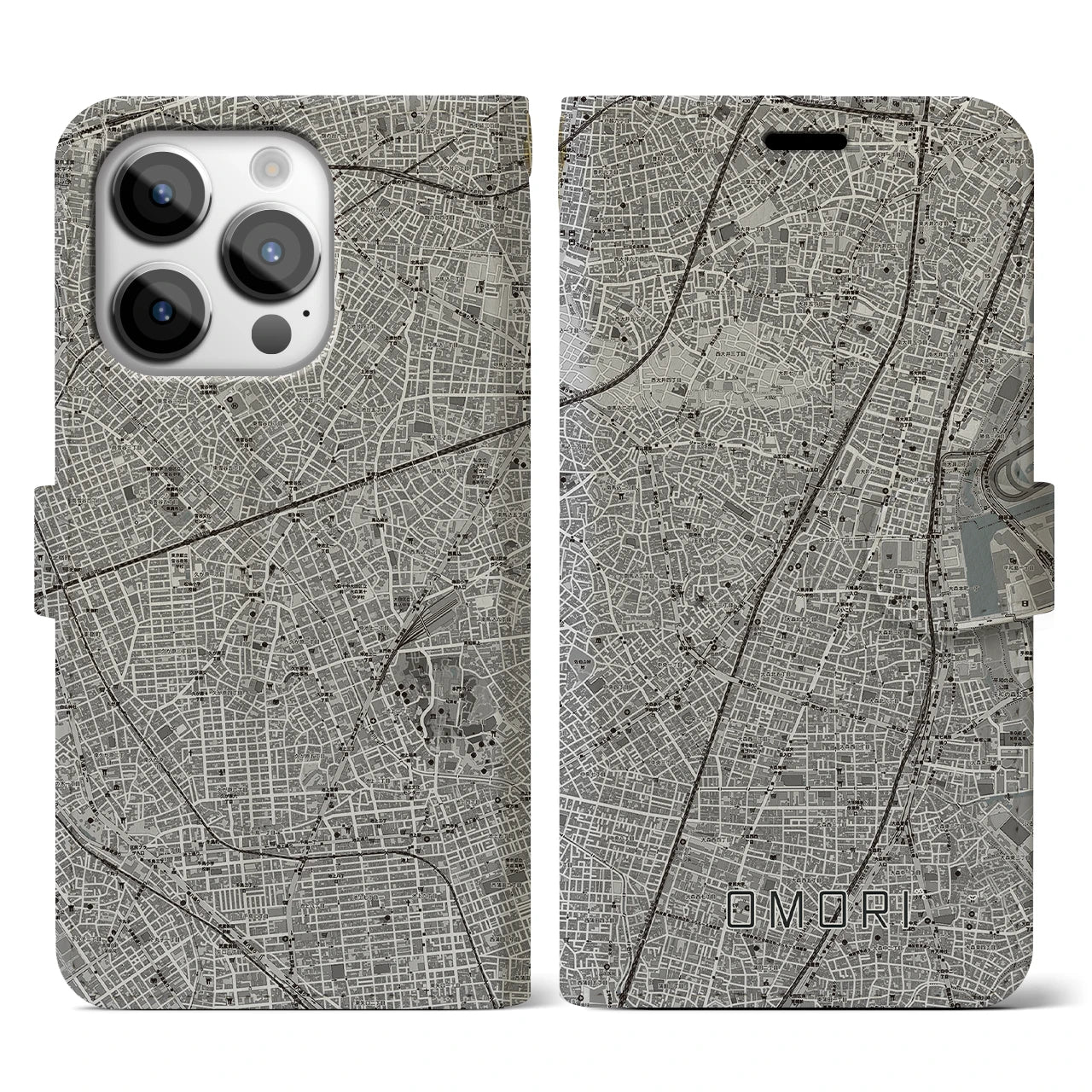 【大森(東京都)】地図柄iPhoneケース(手帳タイプ)モノトーン・iPhone 14 Pro 用