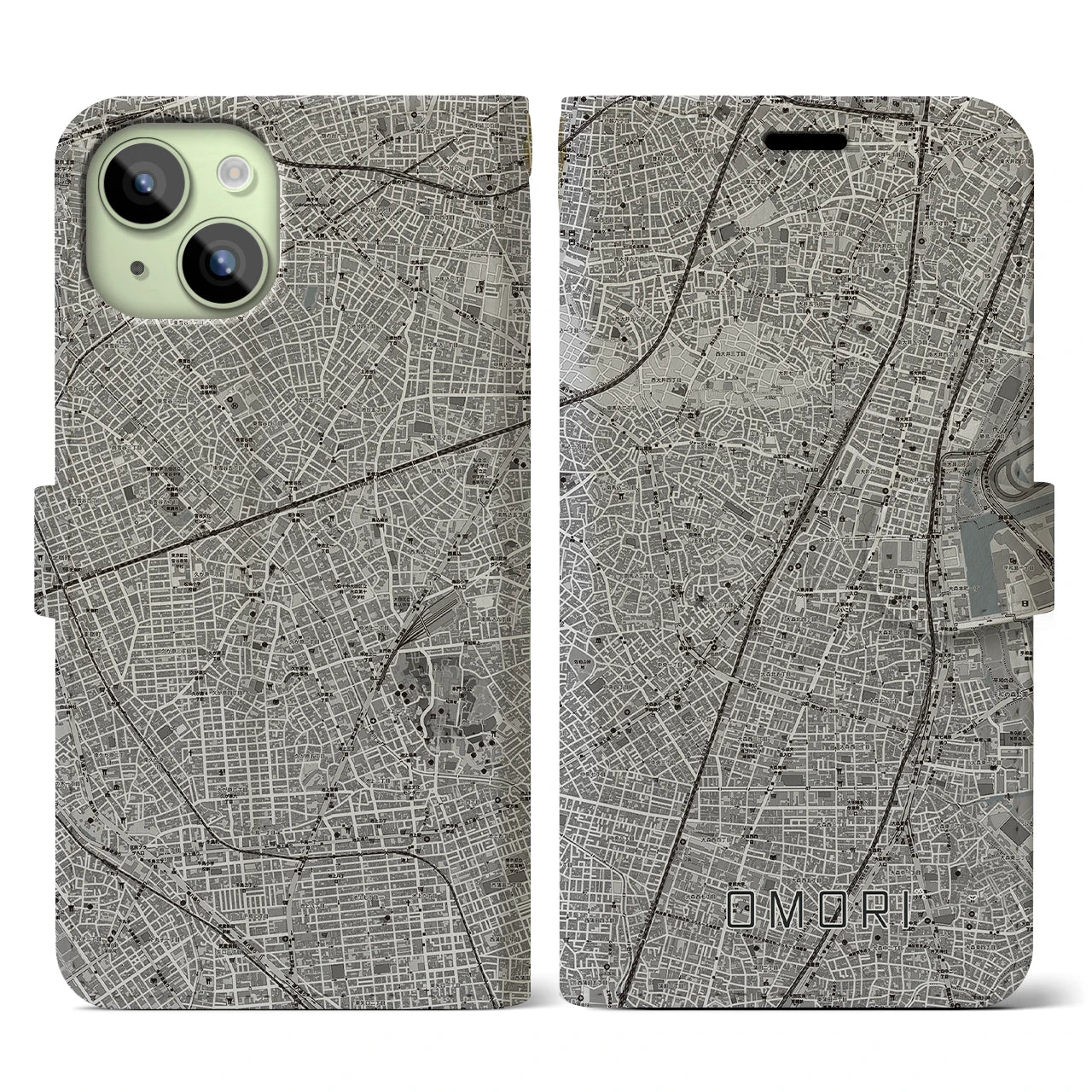 【大森(東京都)】地図柄iPhoneケース(手帳タイプ)モノトーン・iPhone 15 用
