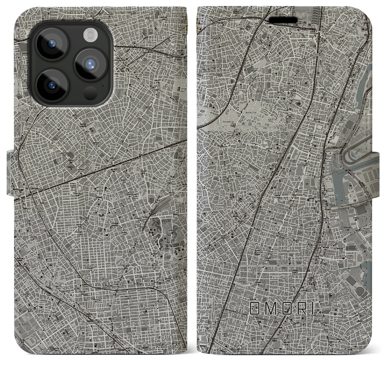 【大森(東京都)】地図柄iPhoneケース(手帳タイプ)モノトーン・iPhone 15 Pro Max 用