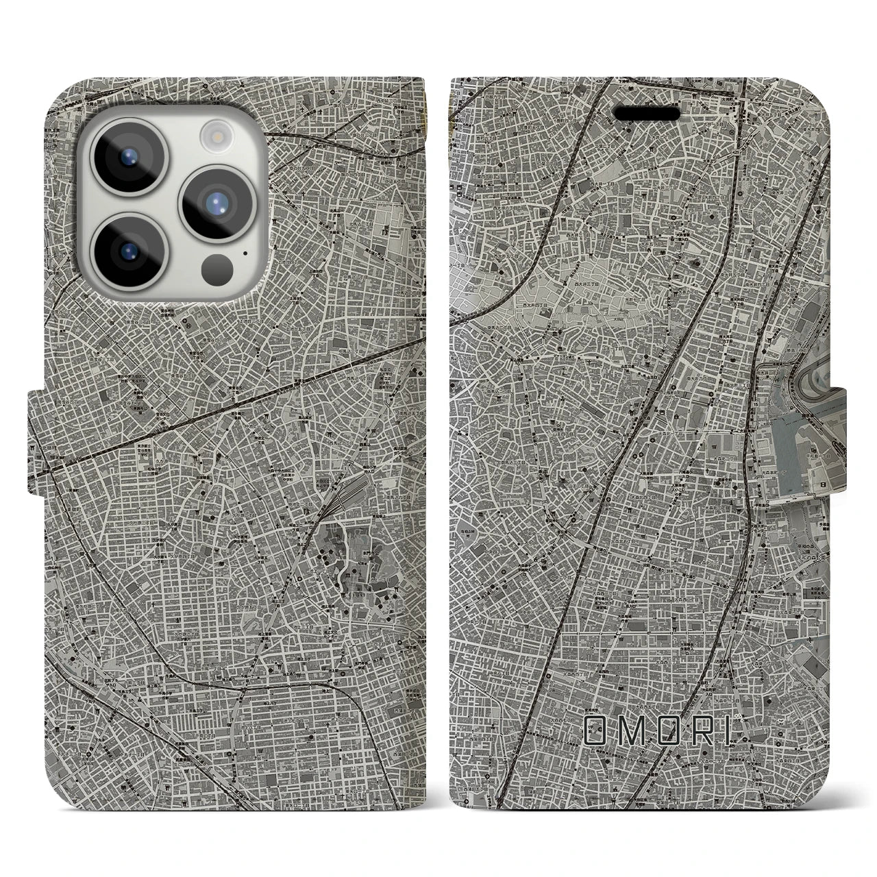 【大森(東京都)】地図柄iPhoneケース(手帳タイプ)モノトーン・iPhone 15 Pro 用