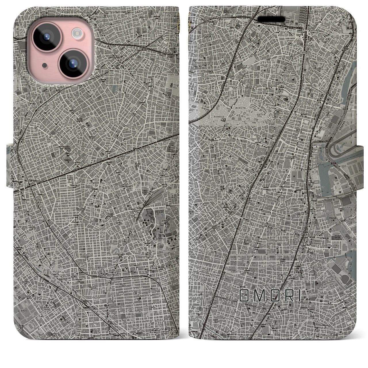 【大森(東京都)】地図柄iPhoneケース(手帳タイプ)モノトーン・iPhone 15 Plus 用