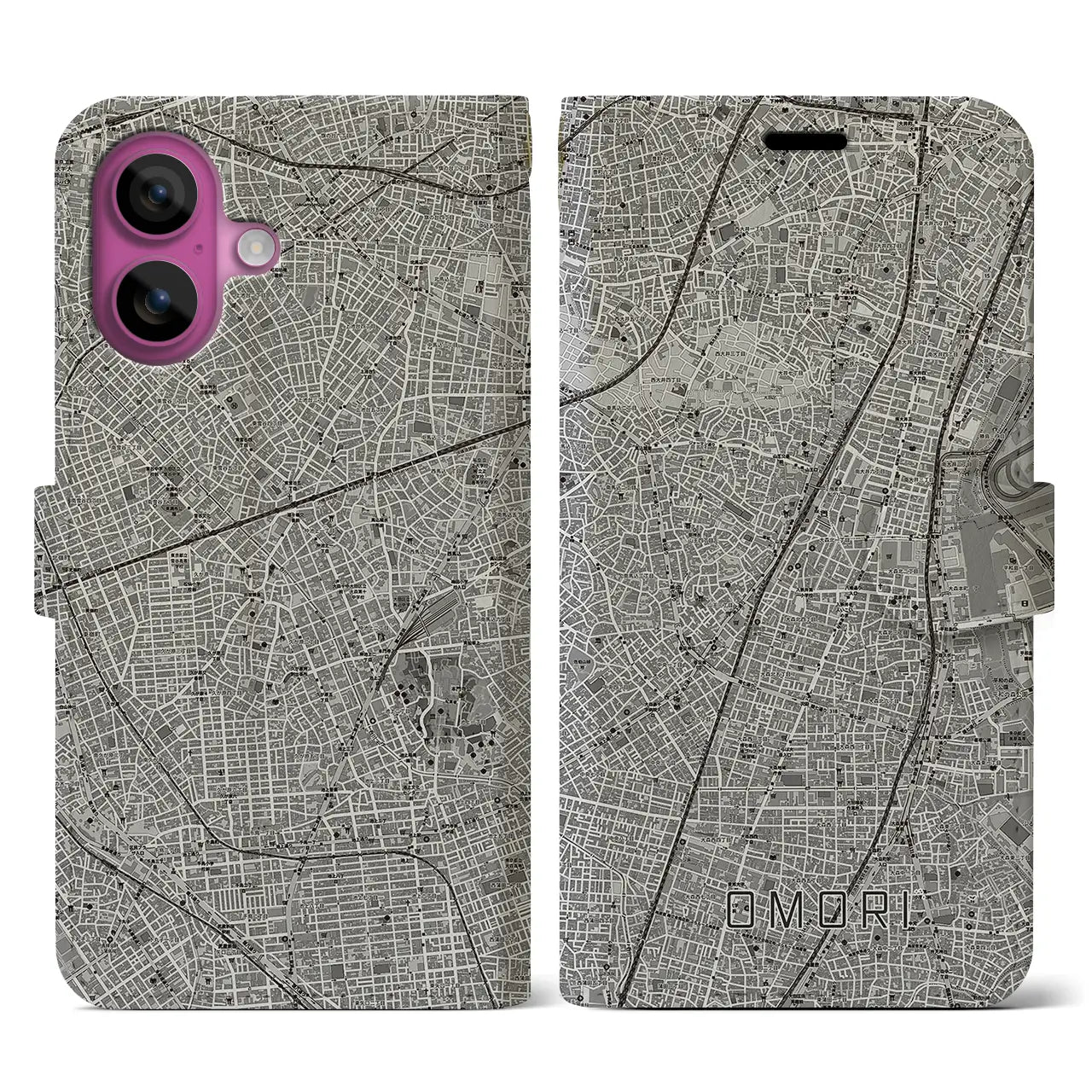 【大森(東京都)】地図柄iPhoneケース(手帳タイプ)モノトーン・iPhone 16 Pro 用