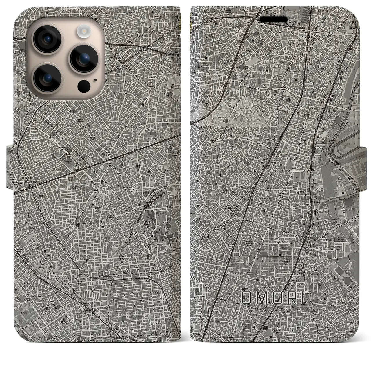 【大森(東京都)】地図柄iPhoneケース(手帳タイプ)モノトーン・iPhone 16 Plus 用