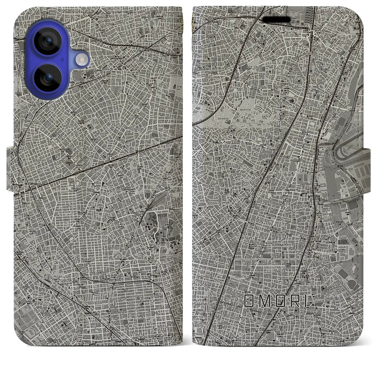 【大森(東京都)】地図柄iPhoneケース(手帳タイプ)モノトーン・iPhone 16 Pro Max 用