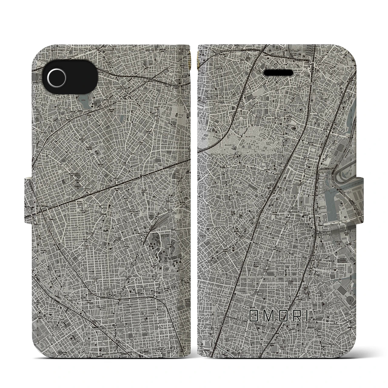 【大森(東京都)】地図柄iPhoneケース(手帳タイプ)モノトーン・iPhone SE(第3 / 第2世代) / 8 / 7 / 6s / 6 用
