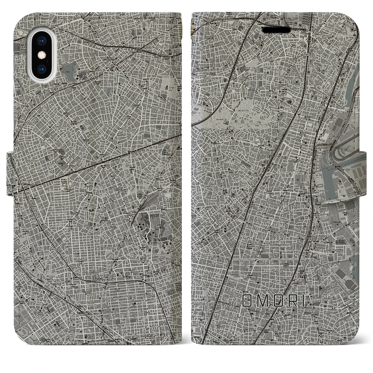 【大森(東京都)】地図柄iPhoneケース(手帳タイプ)モノトーン・iPhone XS Max 用