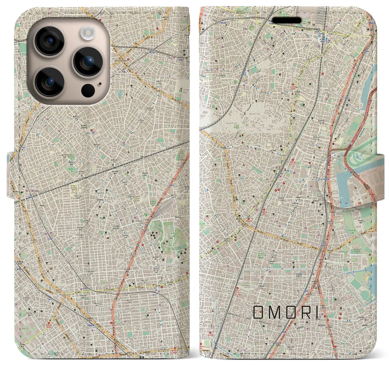 【大森(東京都)】地図柄iPhoneケース(手帳タイプ)ナチュラル・iPhone 16 Plus 用