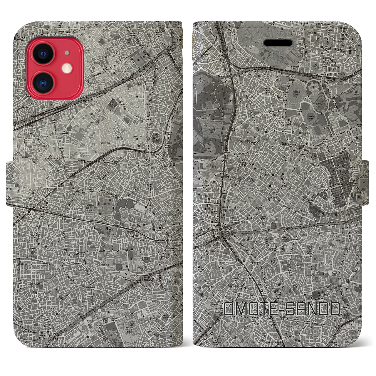 【表参道(東京都)】地図柄iPhoneケース(手帳タイプ)モノトーン・iPhone 11 用