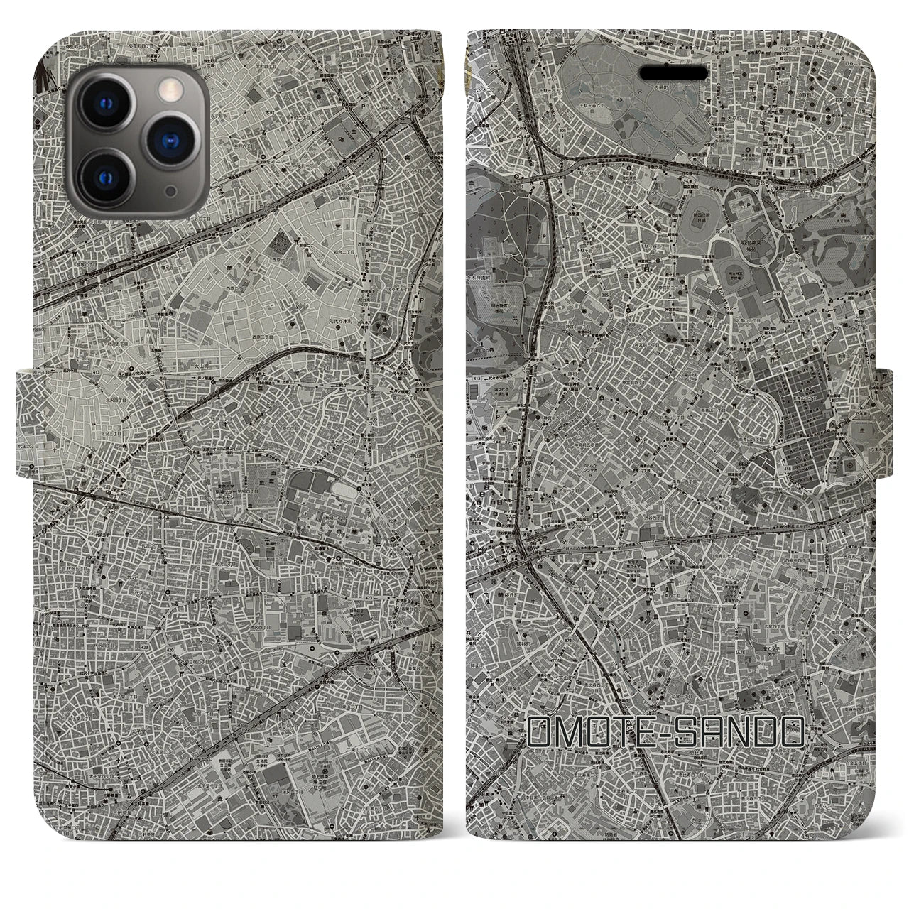【表参道(東京都)】地図柄iPhoneケース(手帳タイプ)モノトーン・iPhone 11 Pro Max 用