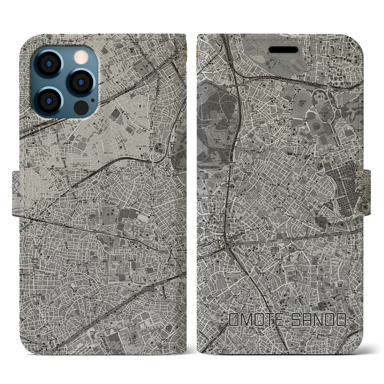 【表参道(東京都)】地図柄iPhoneケース(手帳タイプ)モノトーン・iPhone 12 / 12 Pro 用