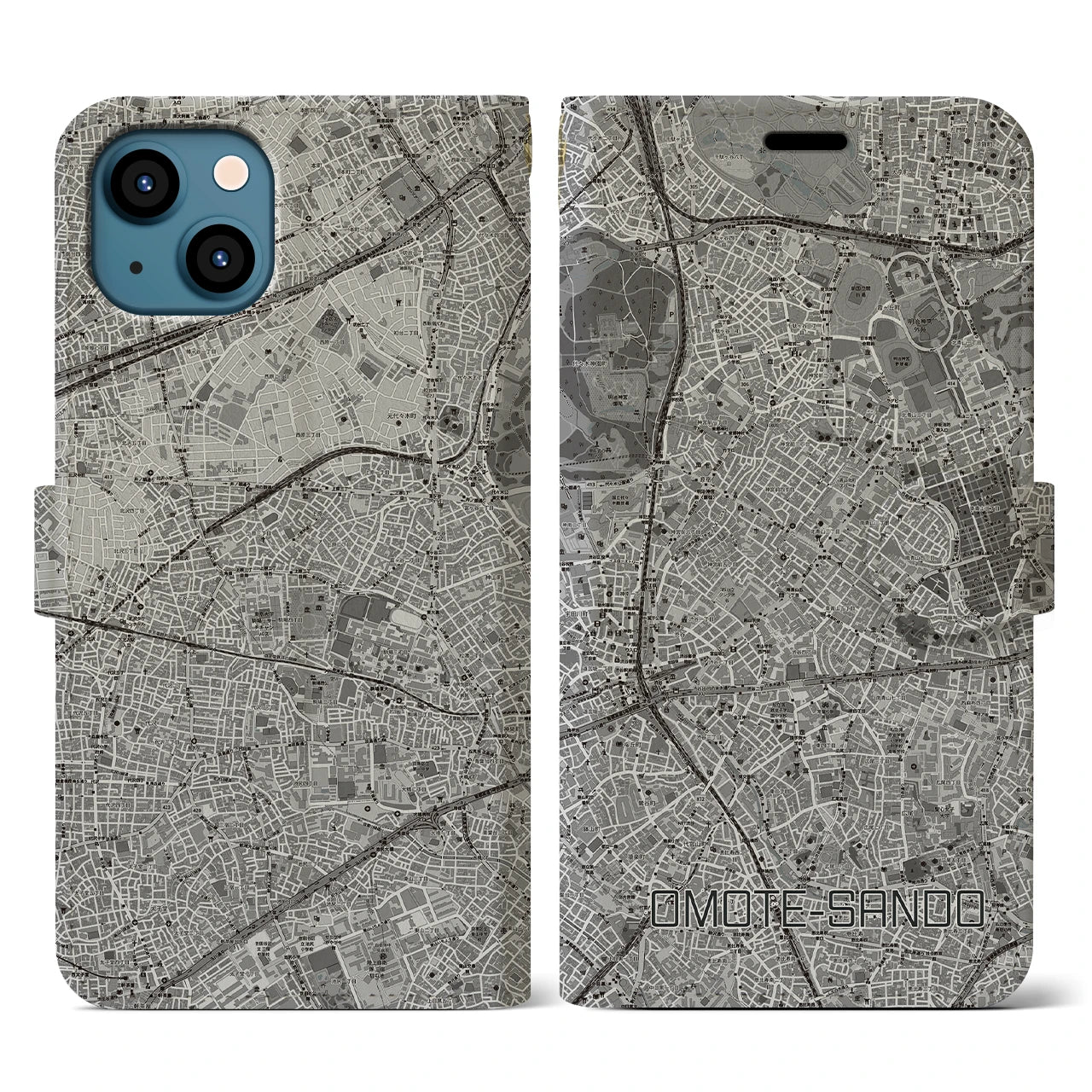 【表参道(東京都)】地図柄iPhoneケース(手帳タイプ)モノトーン・iPhone 13 用