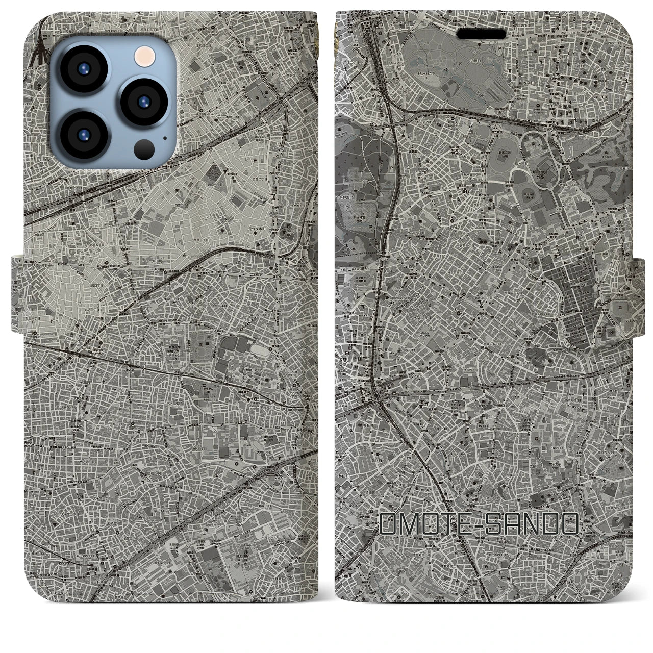 【表参道(東京都)】地図柄iPhoneケース(手帳タイプ)モノトーン・iPhone 13 Pro Max 用