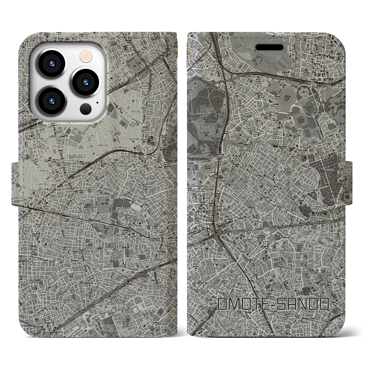 【表参道(東京都)】地図柄iPhoneケース(手帳タイプ)モノトーン・iPhone 13 Pro 用