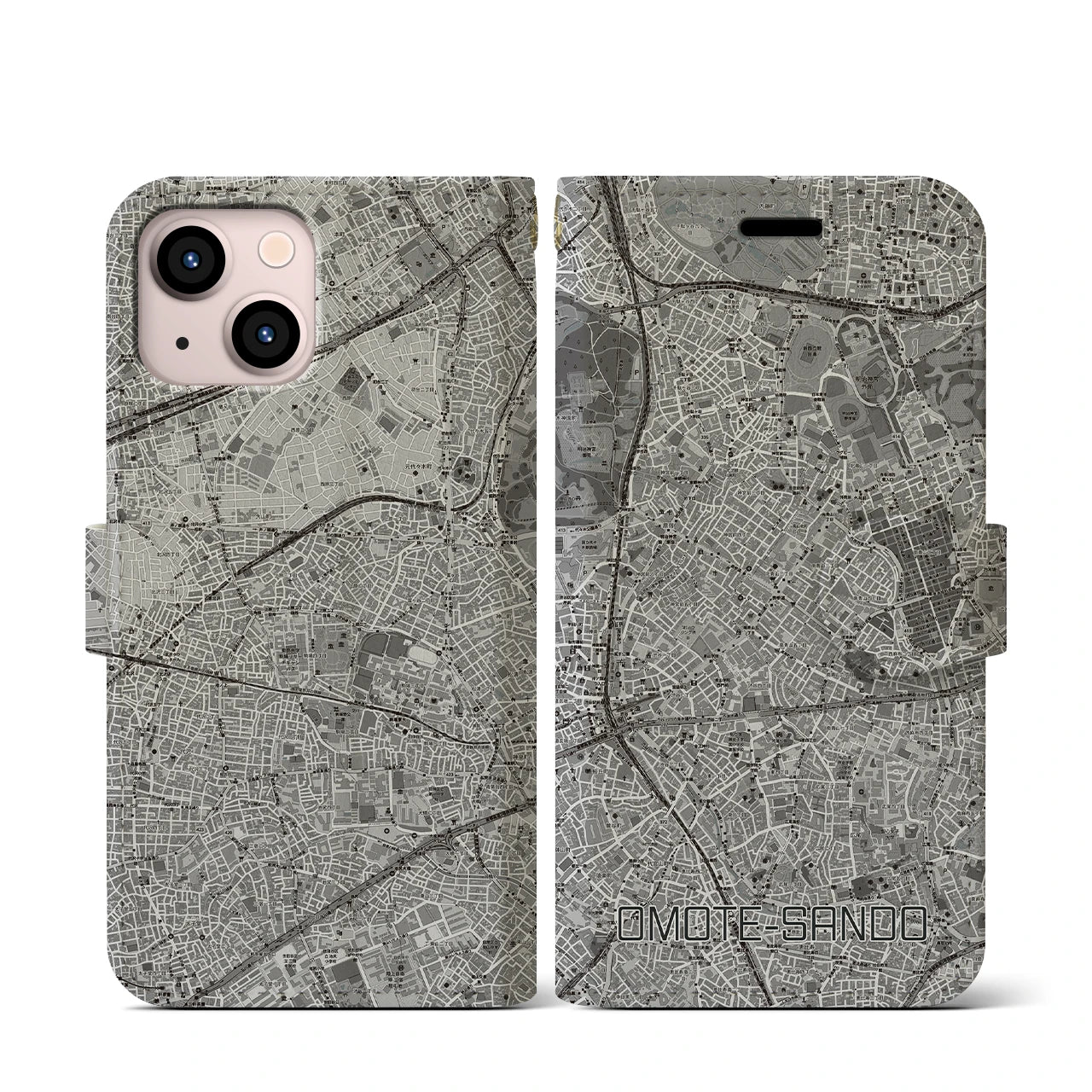 【表参道(東京都)】地図柄iPhoneケース(手帳タイプ)モノトーン・iPhone 13 mini 用