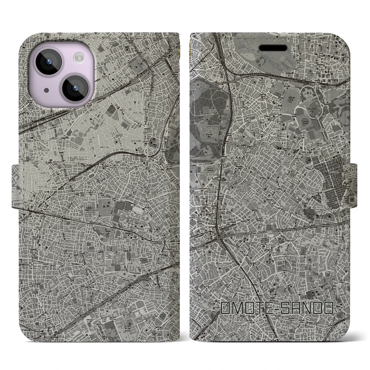 【表参道(東京都)】地図柄iPhoneケース(手帳タイプ)モノトーン・iPhone 14 用