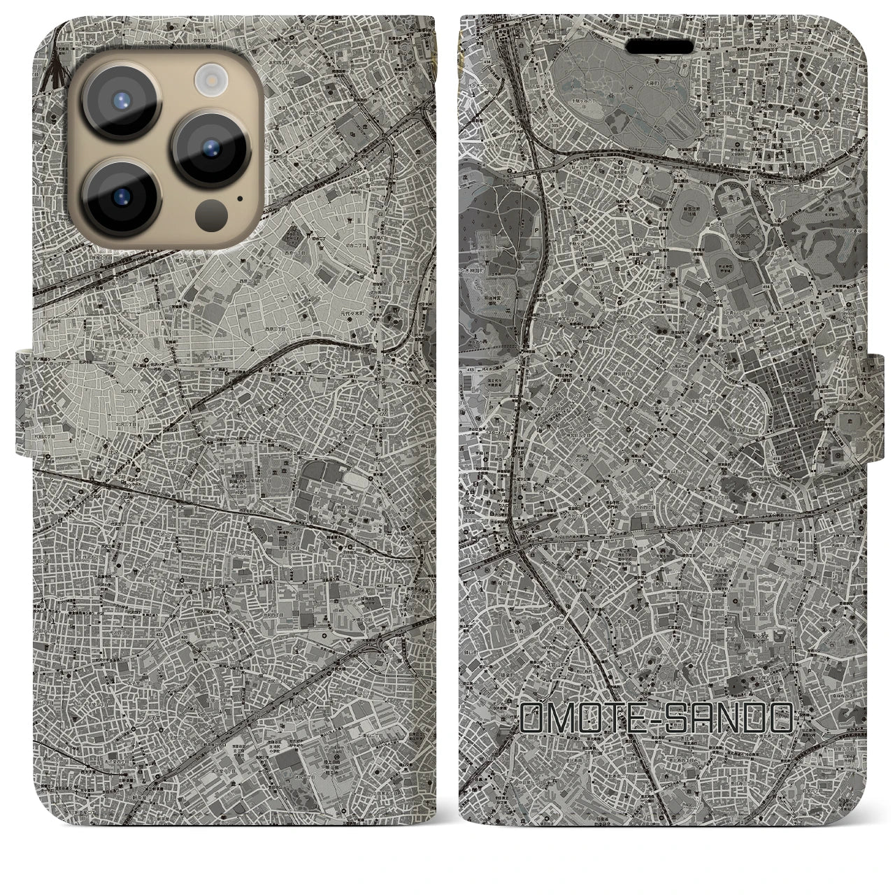 【表参道(東京都)】地図柄iPhoneケース(手帳タイプ)モノトーン・iPhone 14 Pro Max 用