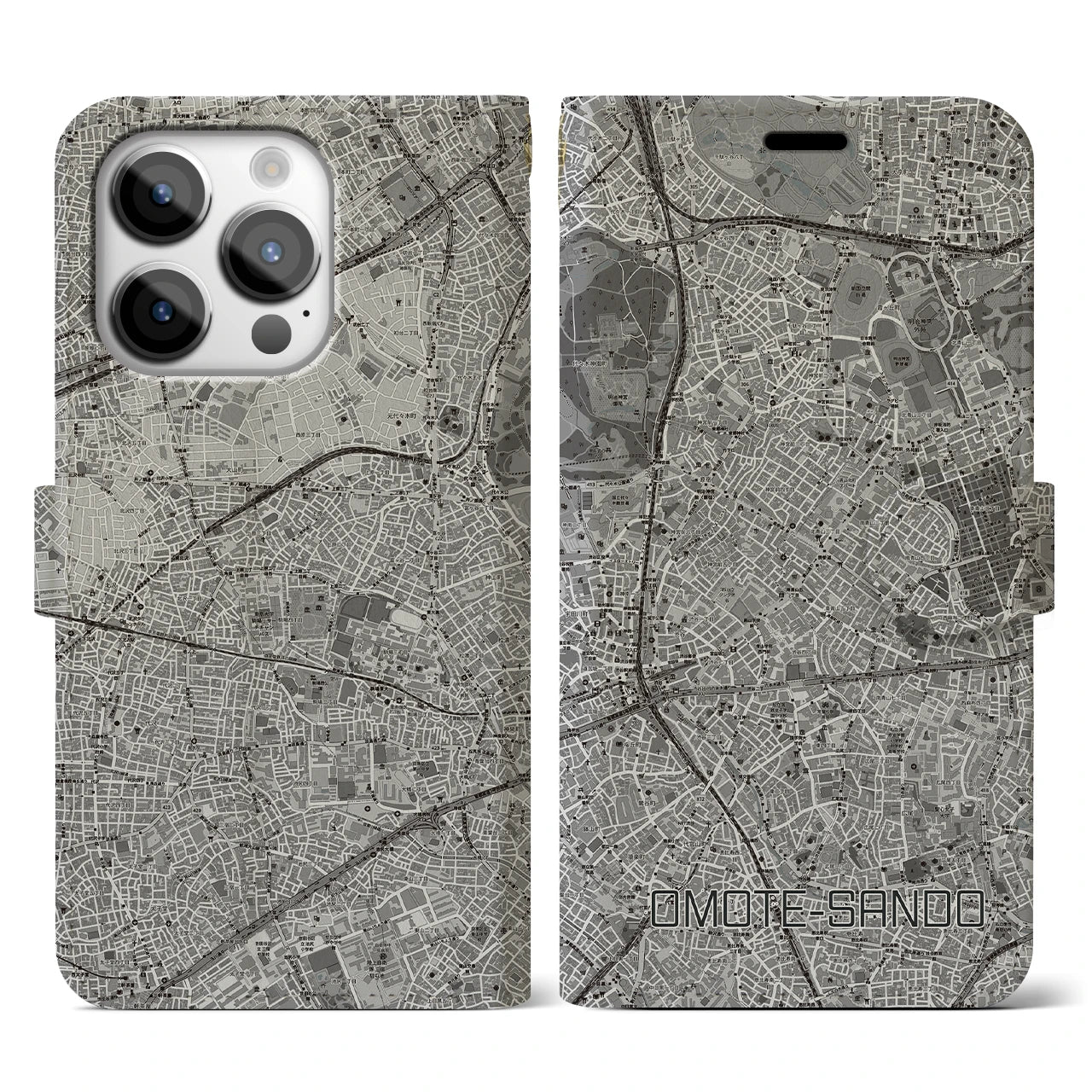【表参道(東京都)】地図柄iPhoneケース(手帳タイプ)モノトーン・iPhone 14 Pro 用