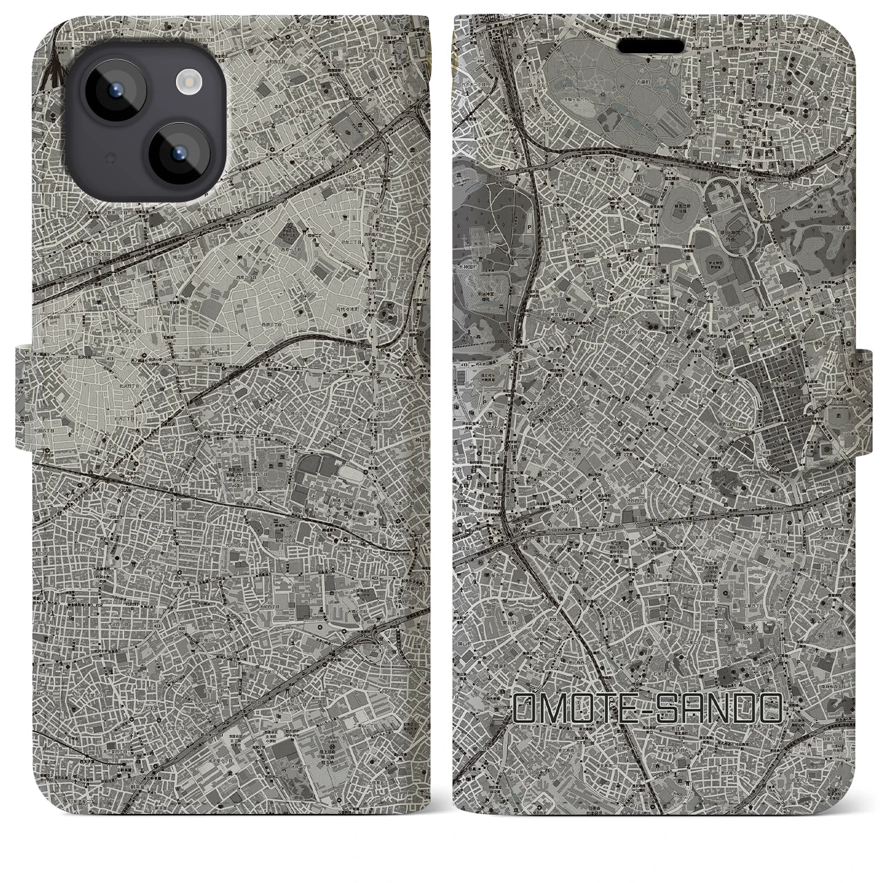 【表参道(東京都)】地図柄iPhoneケース(手帳タイプ)モノトーン・iPhone 14 Plus 用