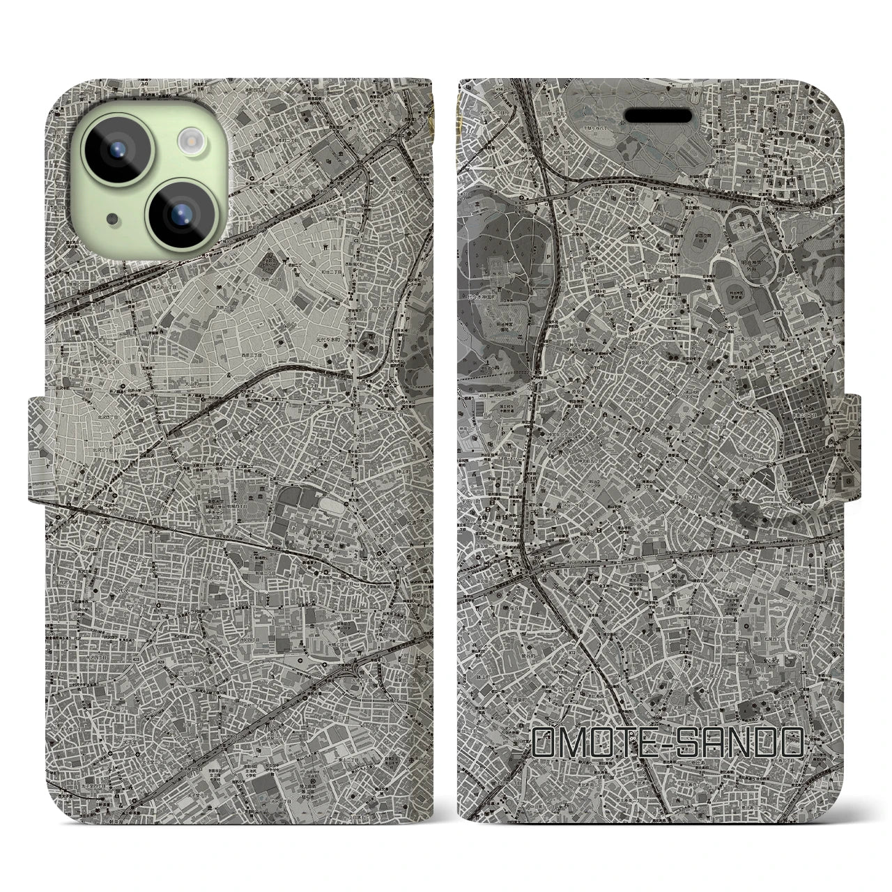 【表参道(東京都)】地図柄iPhoneケース(手帳タイプ)モノトーン・iPhone 15 用