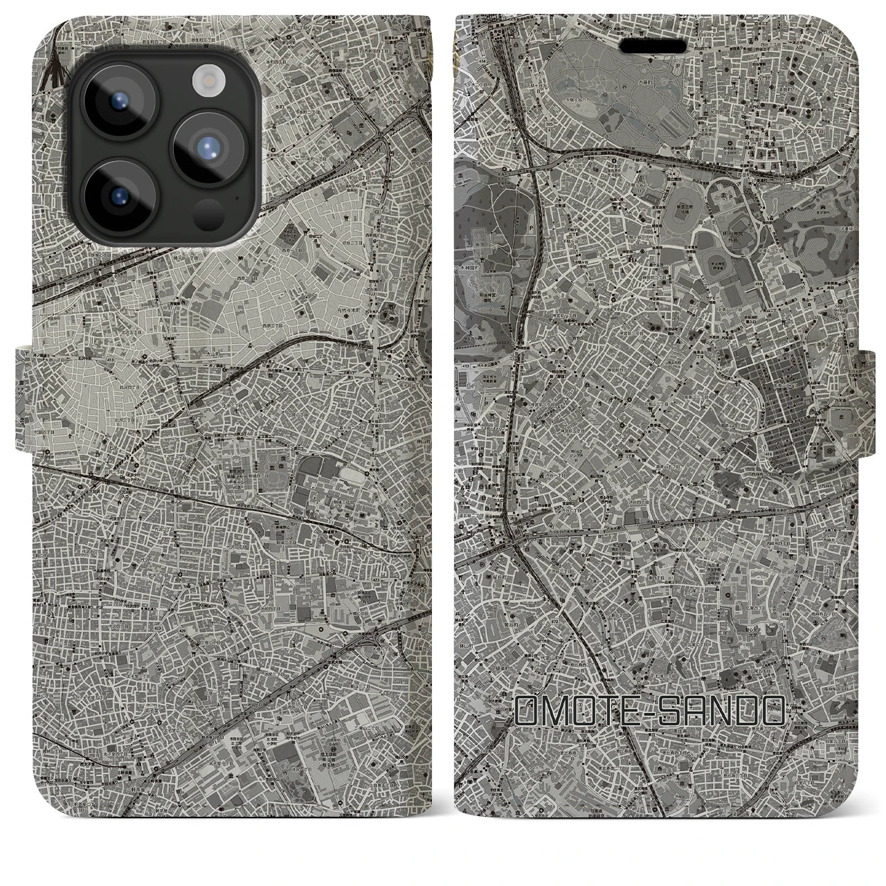 【表参道(東京都)】地図柄iPhoneケース(手帳タイプ)モノトーン・iPhone 15 Pro Max 用