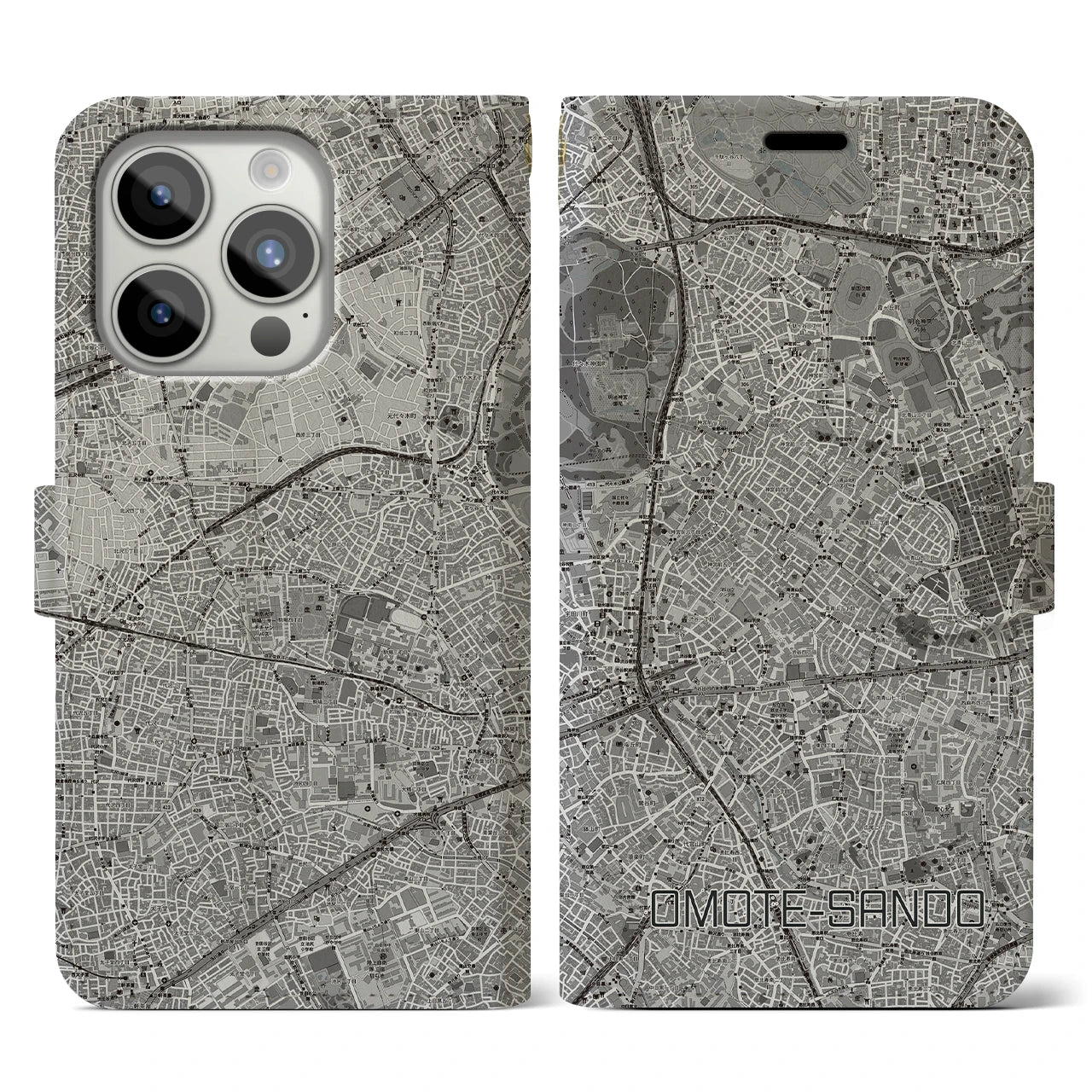 【表参道(東京都)】地図柄iPhoneケース(手帳タイプ)モノトーン・iPhone 15 Pro 用