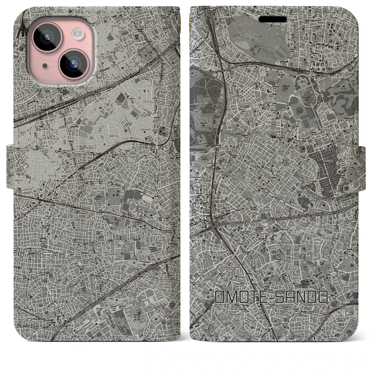 【表参道(東京都)】地図柄iPhoneケース(手帳タイプ)モノトーン・iPhone 15 Plus 用