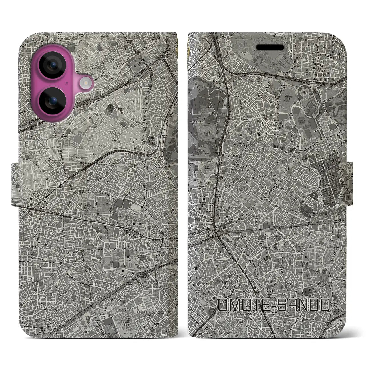 【表参道(東京都)】地図柄iPhoneケース(手帳タイプ)モノトーン・iPhone 16 Pro 用