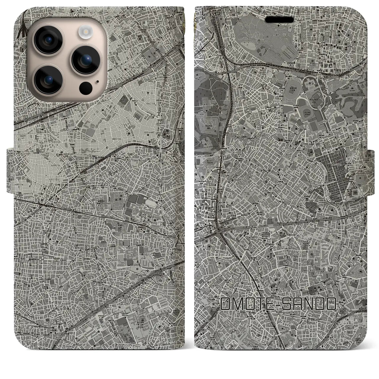 【表参道(東京都)】地図柄iPhoneケース(手帳タイプ)モノトーン・iPhone 16 Plus 用