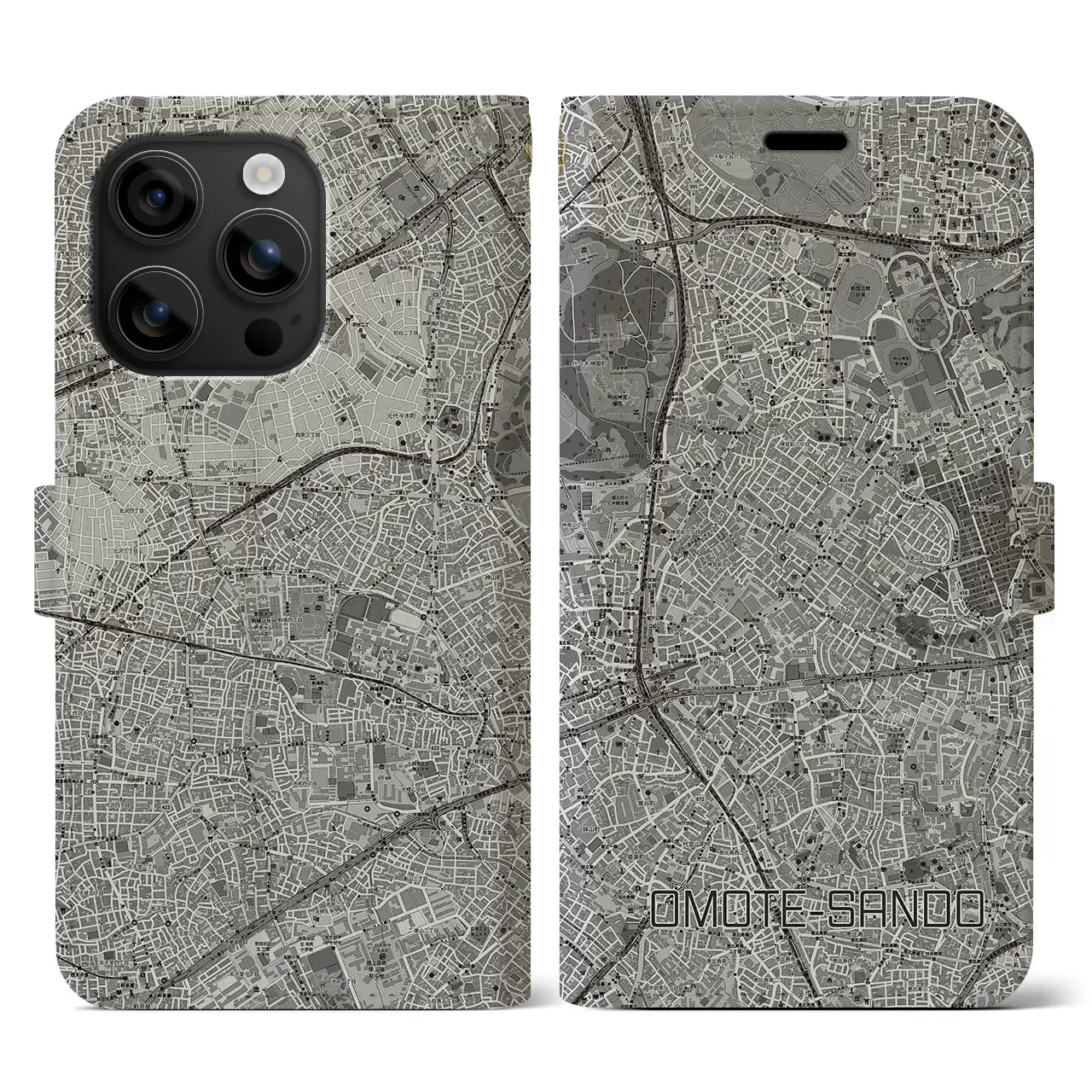 【表参道(東京都)】地図柄iPhoneケース(手帳タイプ)モノトーン・iPhone 16 用