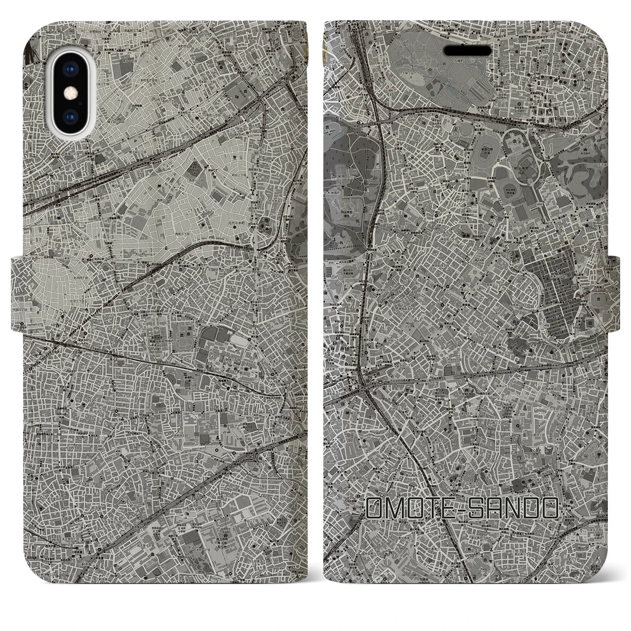 【表参道(東京都)】地図柄iPhoneケース(手帳タイプ)モノトーン・iPhone XS Max 用