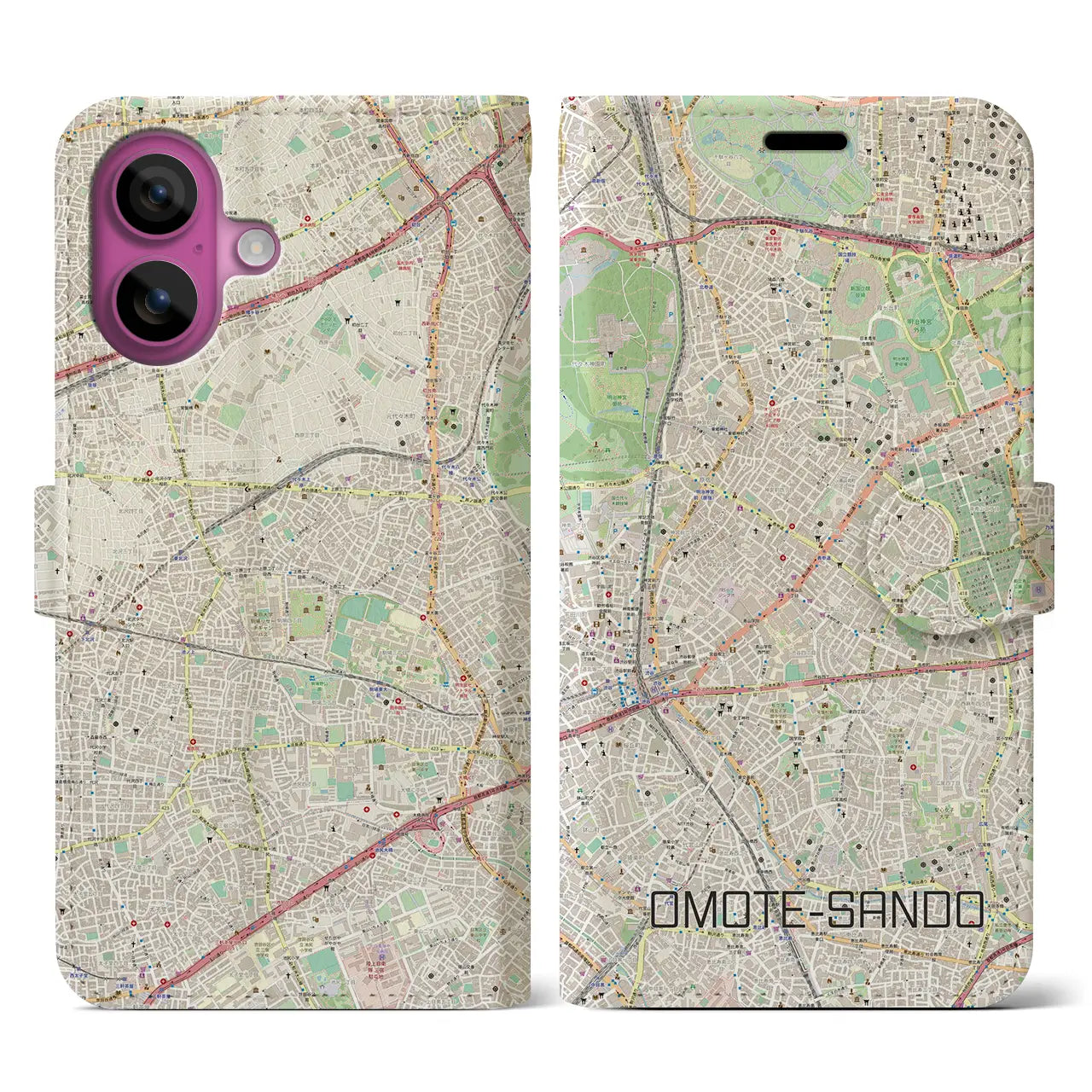 【表参道(東京都)】地図柄iPhoneケース(手帳タイプ)ナチュラル・iPhone 16 Pro 用