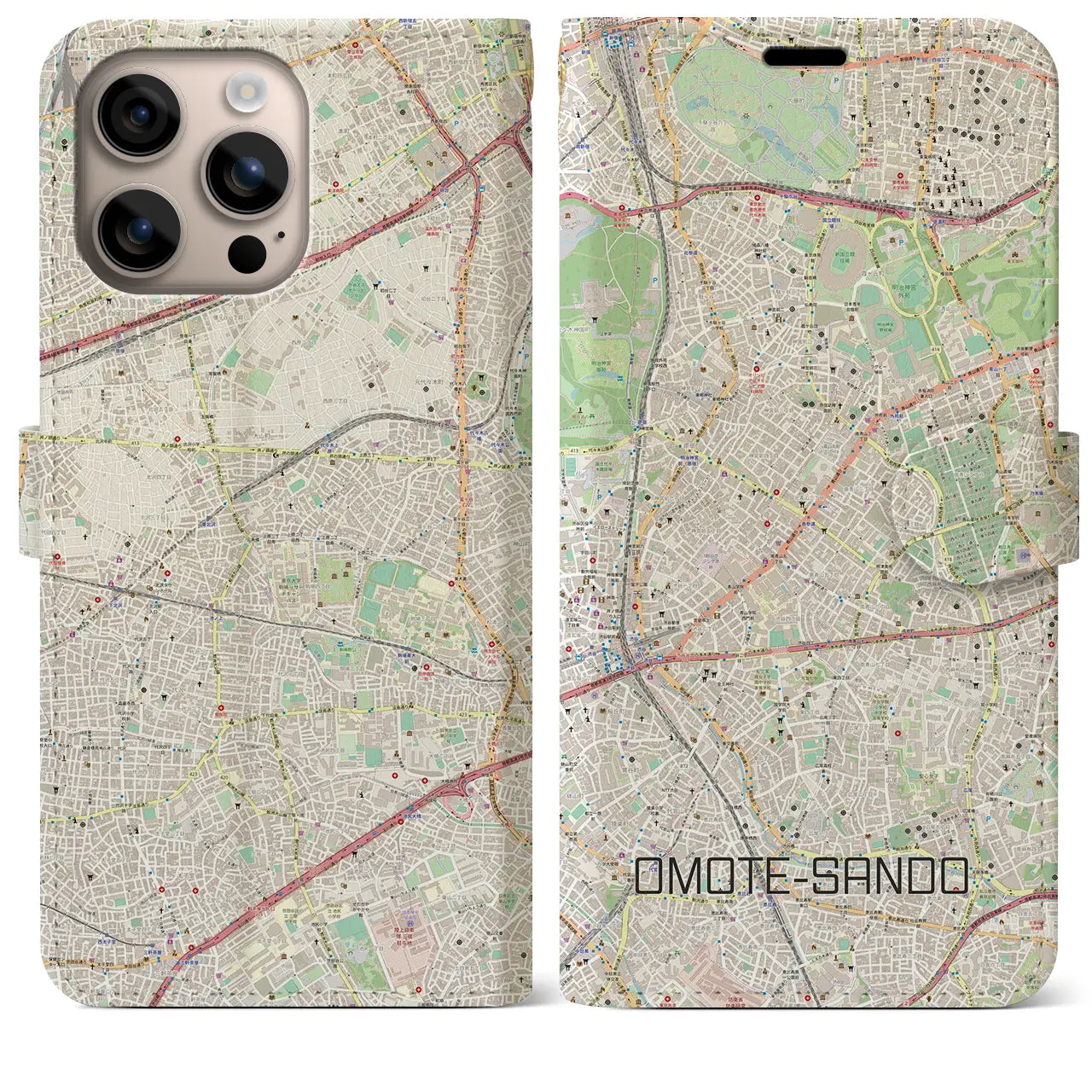【表参道(東京都)】地図柄iPhoneケース(手帳タイプ)ナチュラル・iPhone 16 Plus 用