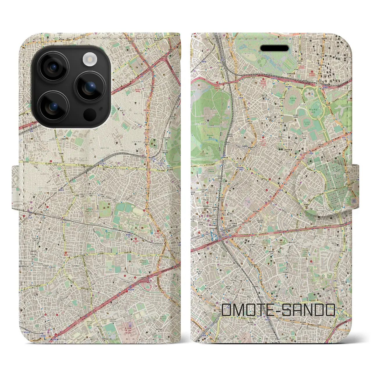 【表参道(東京都)】地図柄iPhoneケース(手帳タイプ)ナチュラル・iPhone 16 用