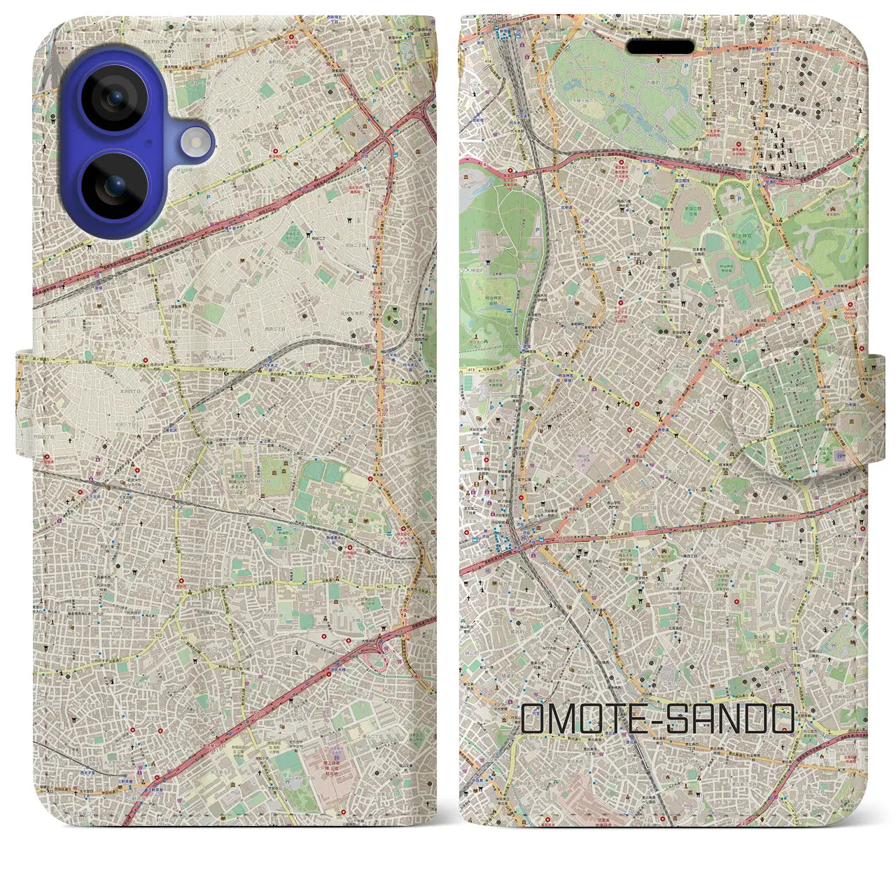 【表参道(東京都)】地図柄iPhoneケース(手帳タイプ)ナチュラル・iPhone 16 Pro Max 用