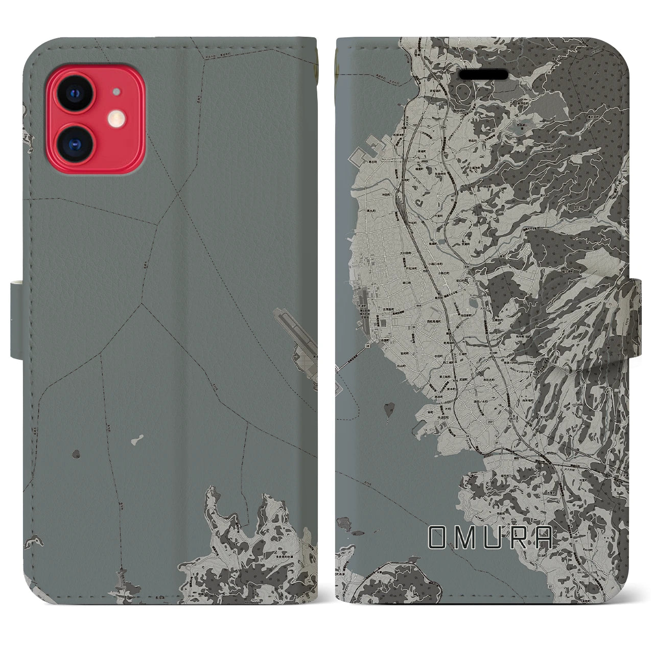 【大村(長崎県)】地図柄iPhoneケース(手帳タイプ)モノトーン・iPhone 11 用