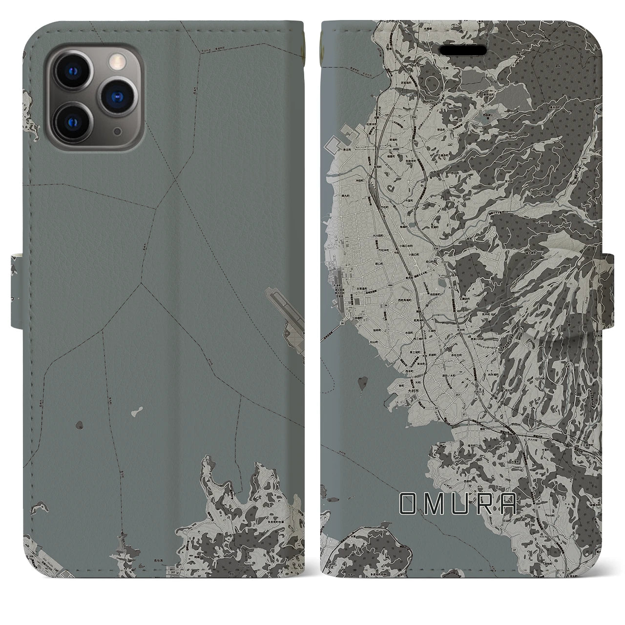 【大村(長崎県)】地図柄iPhoneケース(手帳タイプ)モノトーン・iPhone 11 Pro Max 用