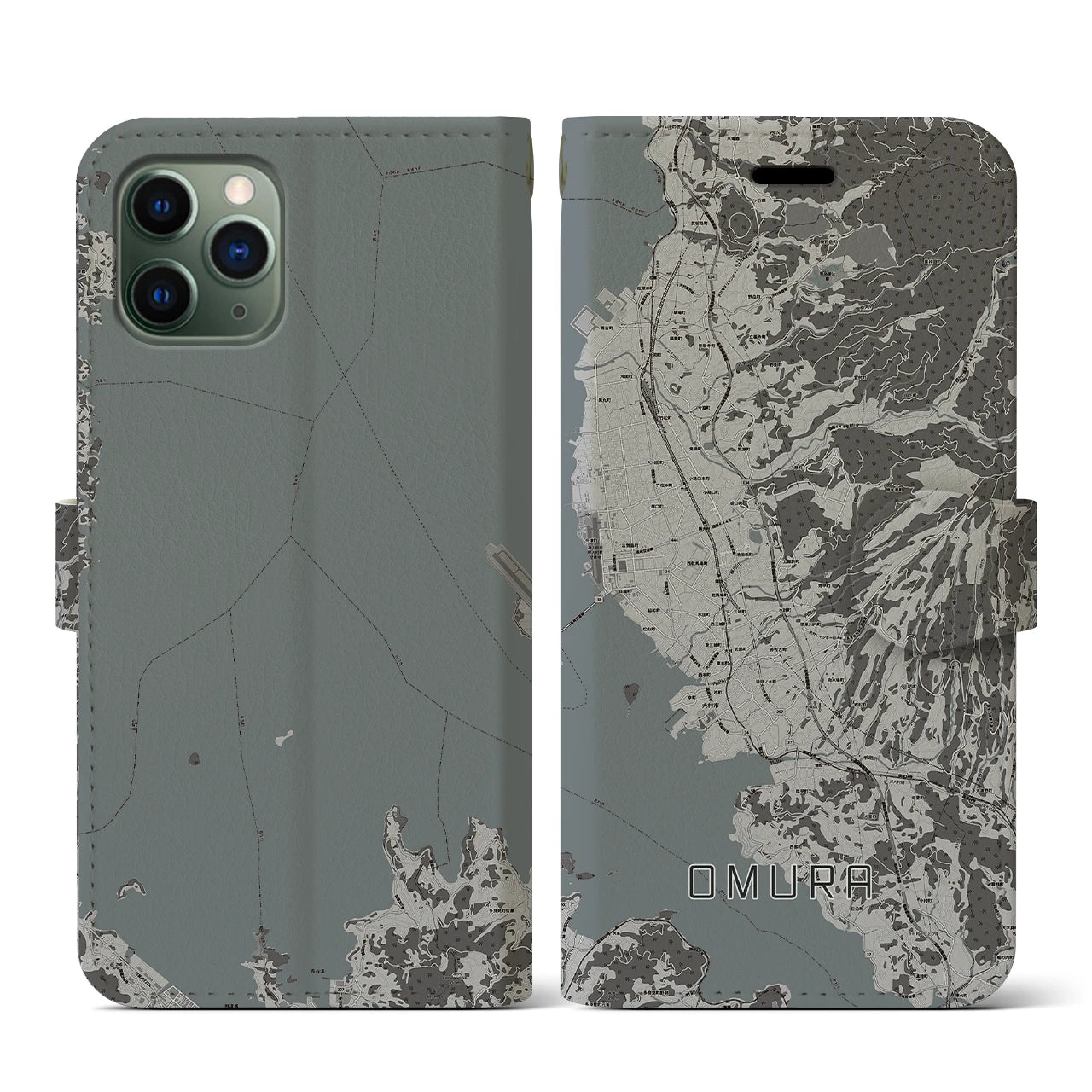 【大村(長崎県)】地図柄iPhoneケース(手帳タイプ)モノトーン・iPhone 11 Pro 用