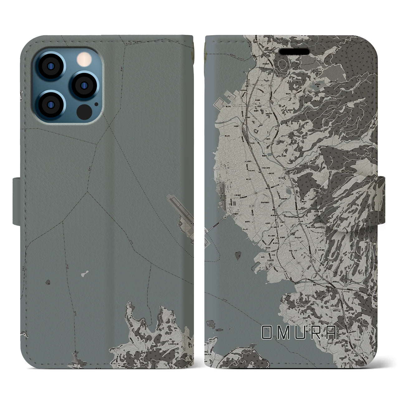 【大村(長崎県)】地図柄iPhoneケース(手帳タイプ)モノトーン・iPhone 12 / 12 Pro 用
