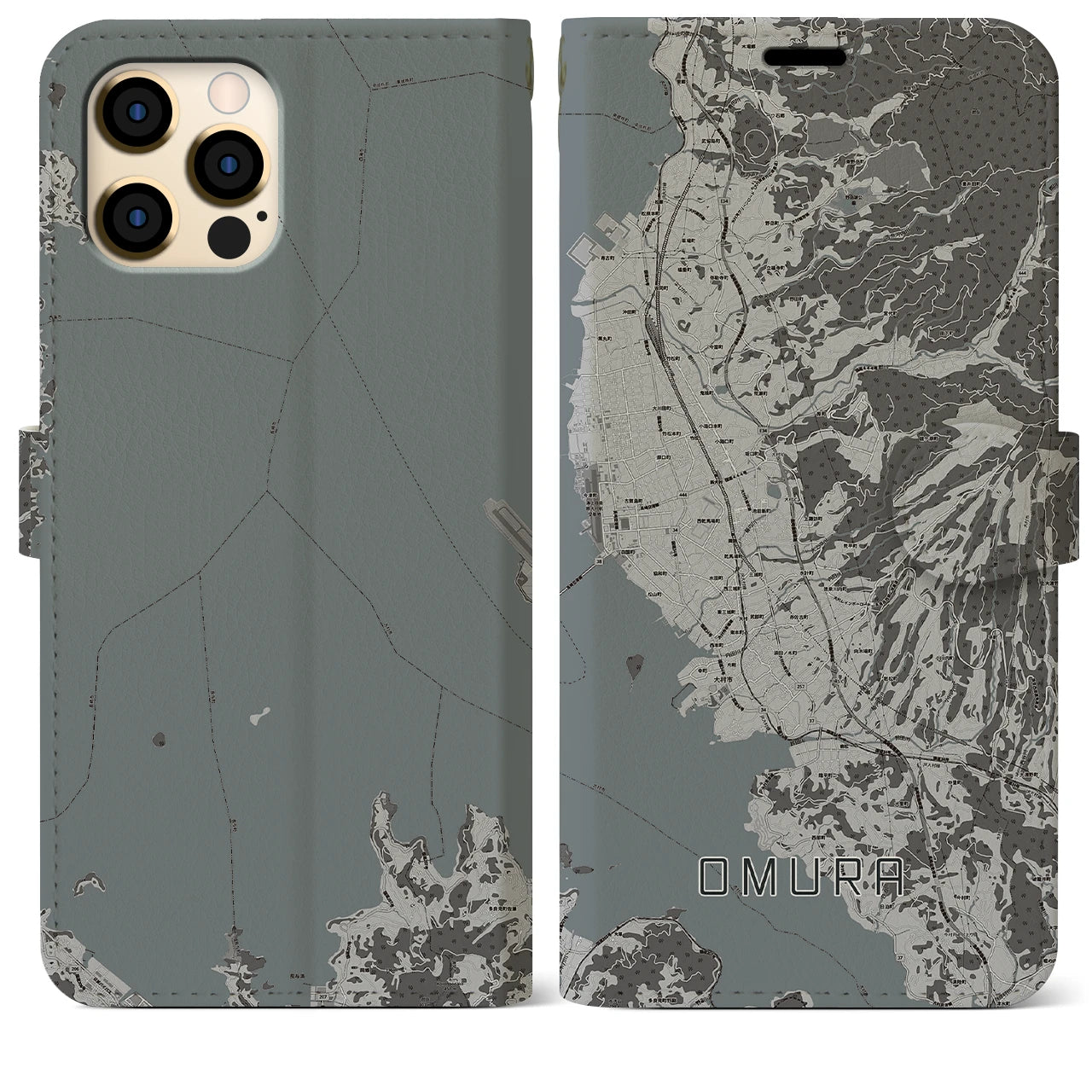 【大村(長崎県)】地図柄iPhoneケース(手帳タイプ)モノトーン・iPhone 12 Pro Max 用