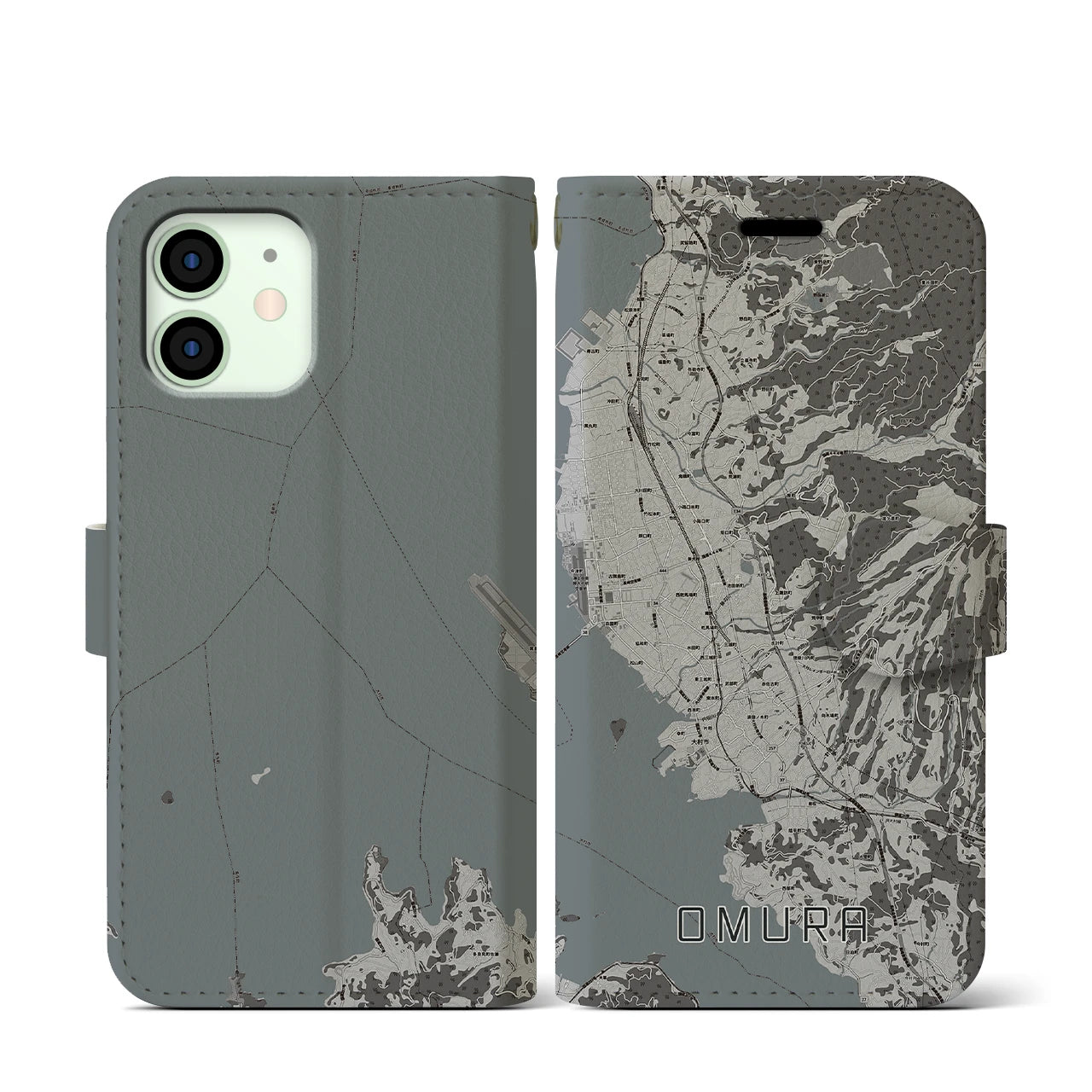 【大村(長崎県)】地図柄iPhoneケース(手帳タイプ)モノトーン・iPhone 12 mini 用