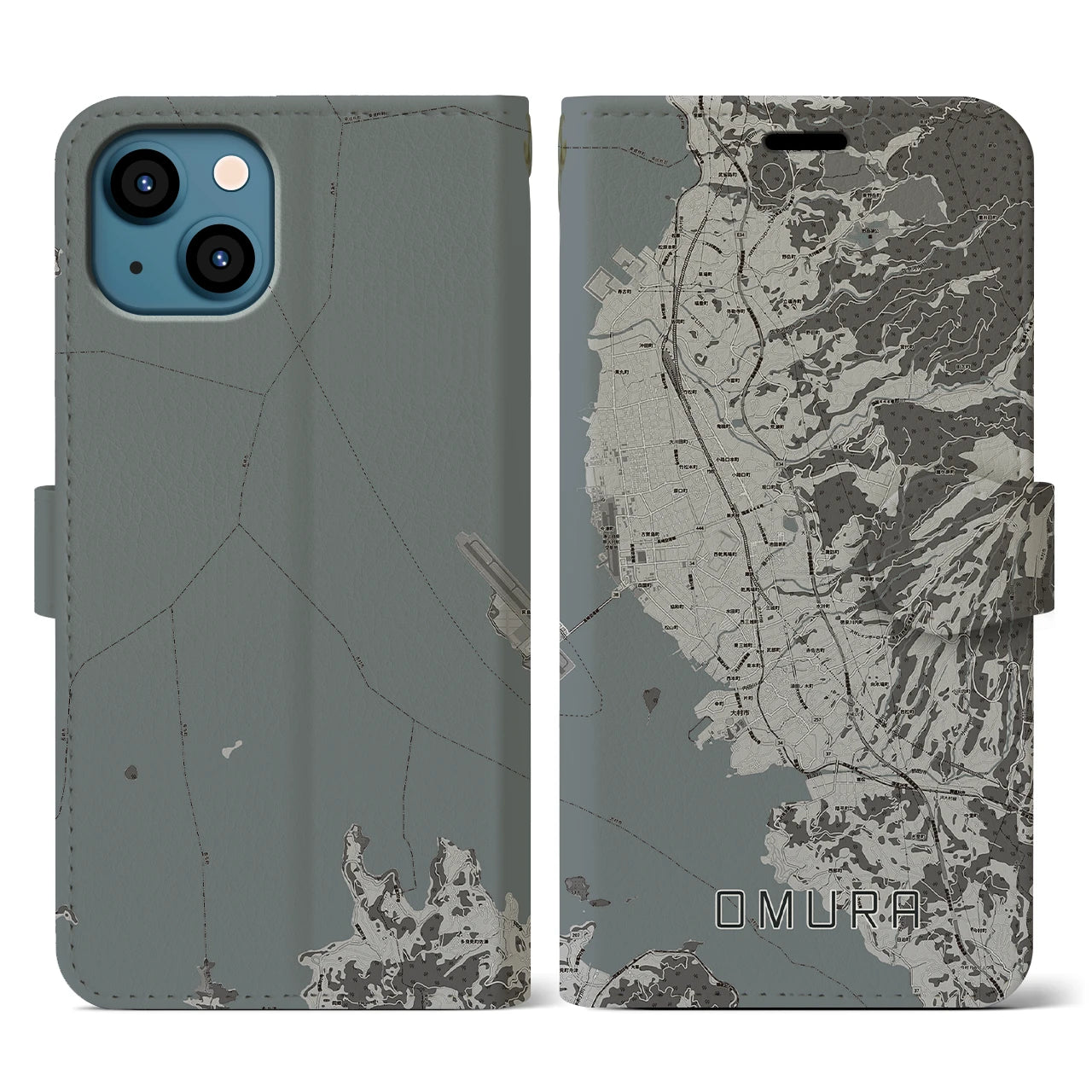 【大村(長崎県)】地図柄iPhoneケース(手帳タイプ)モノトーン・iPhone 13 用
