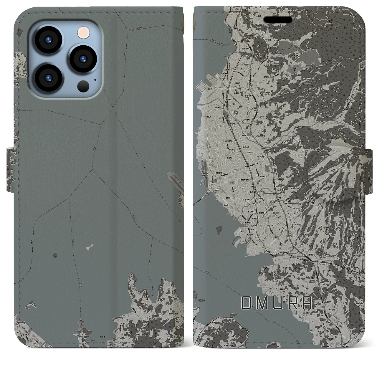 【大村(長崎県)】地図柄iPhoneケース(手帳タイプ)モノトーン・iPhone 13 Pro Max 用