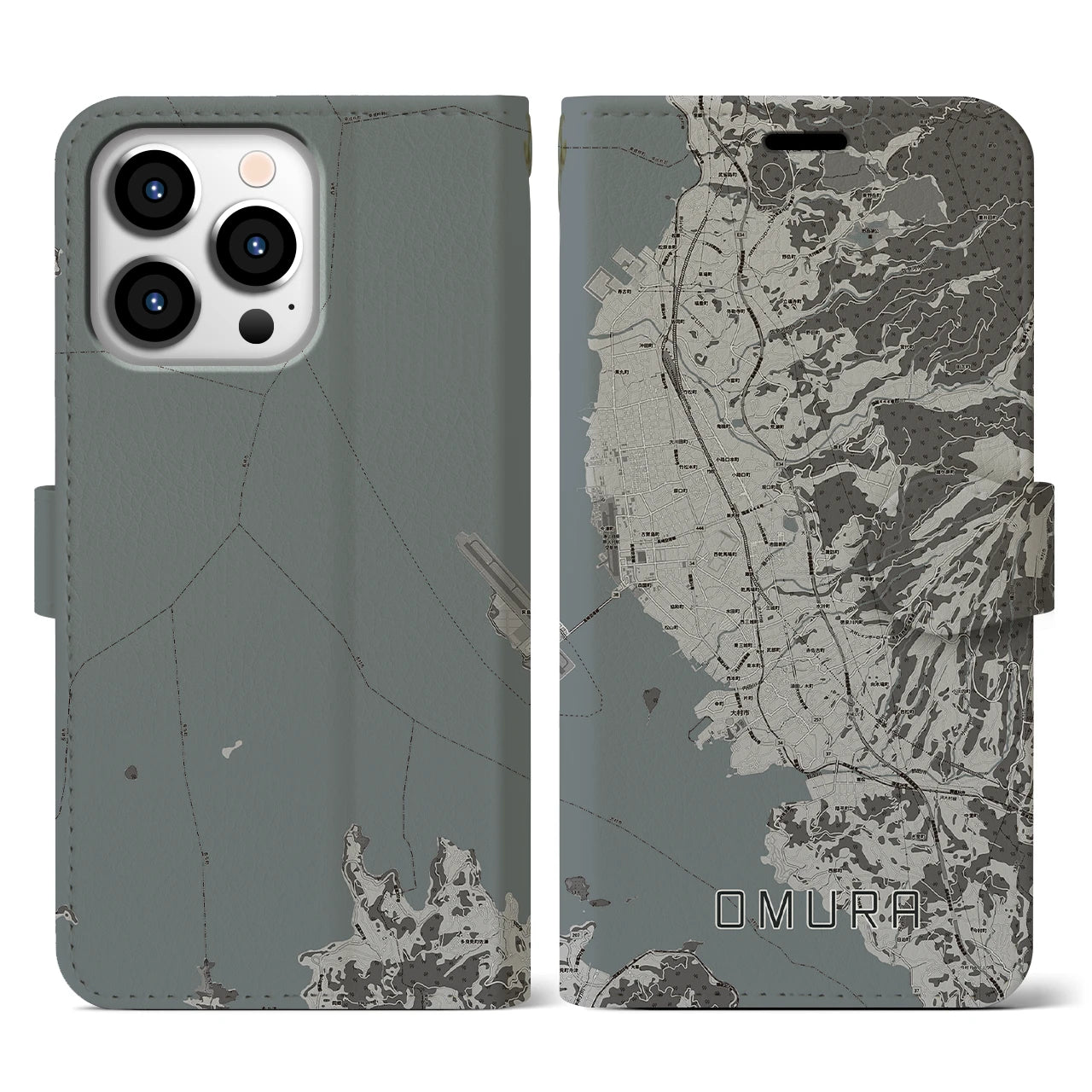 【大村(長崎県)】地図柄iPhoneケース(手帳タイプ)モノトーン・iPhone 13 Pro 用