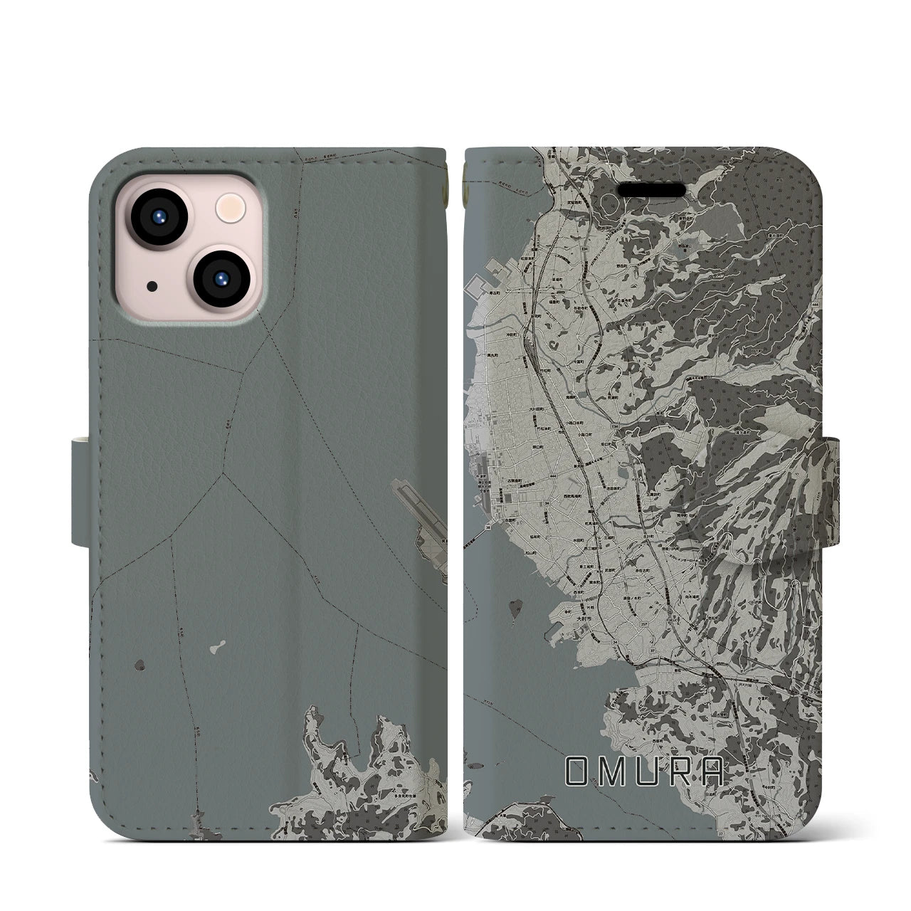 【大村(長崎県)】地図柄iPhoneケース(手帳タイプ)モノトーン・iPhone 13 mini 用