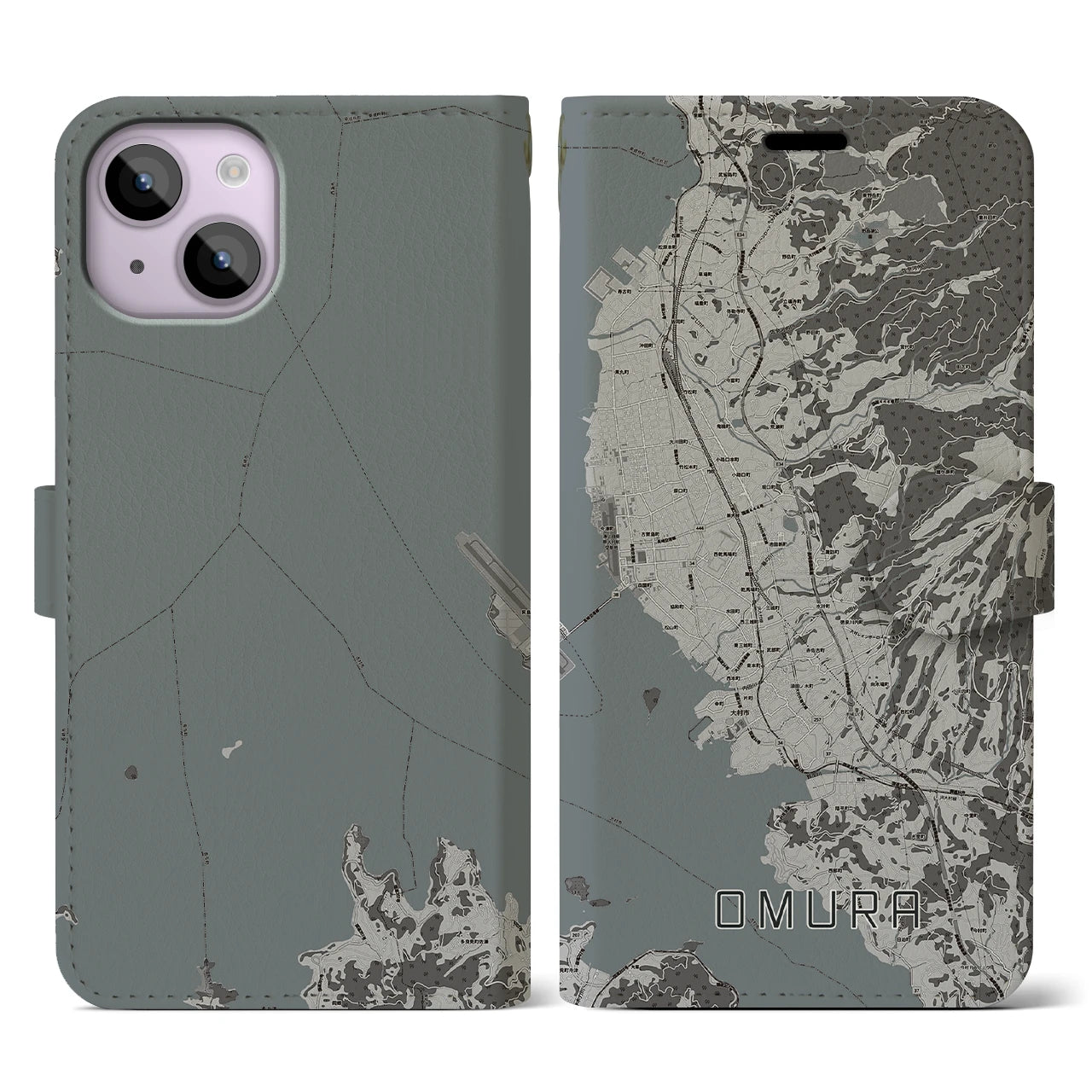 【大村(長崎県)】地図柄iPhoneケース(手帳タイプ)モノトーン・iPhone 14 用